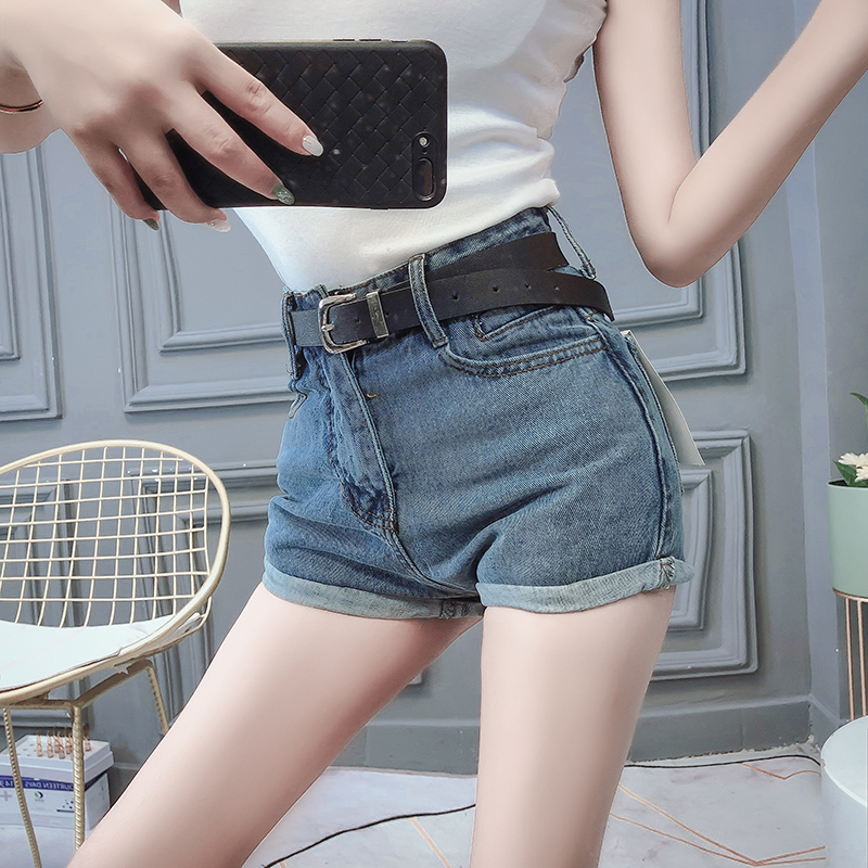风晓薇超短裤女装2020网红时尚卷边拼接包臀牛仔短超短灰黑色配腰带s