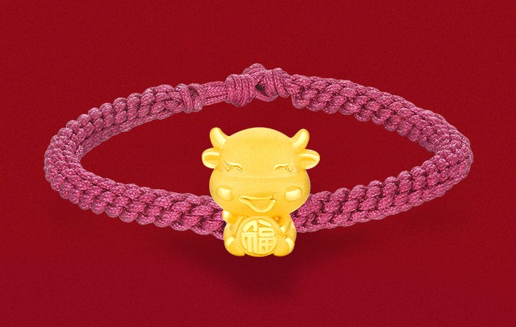 老凤凰母节礼物黄金转运珠999足金福字小金牛手串红绳手链足金手链女