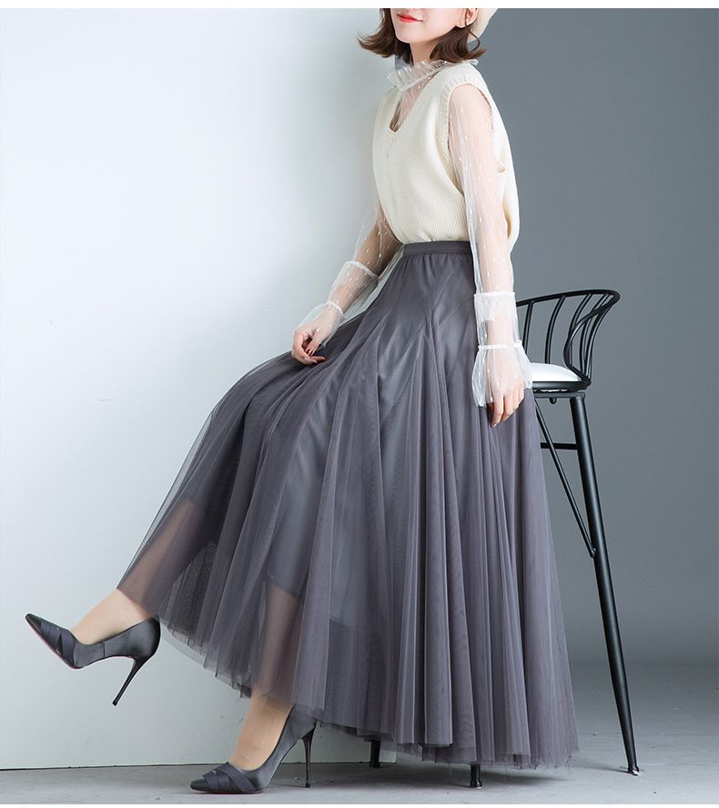 纱纱裙半身高端网纱半身裙女夏季显瘦大摆裙百褶裙半身长裙垂感纱裙薄