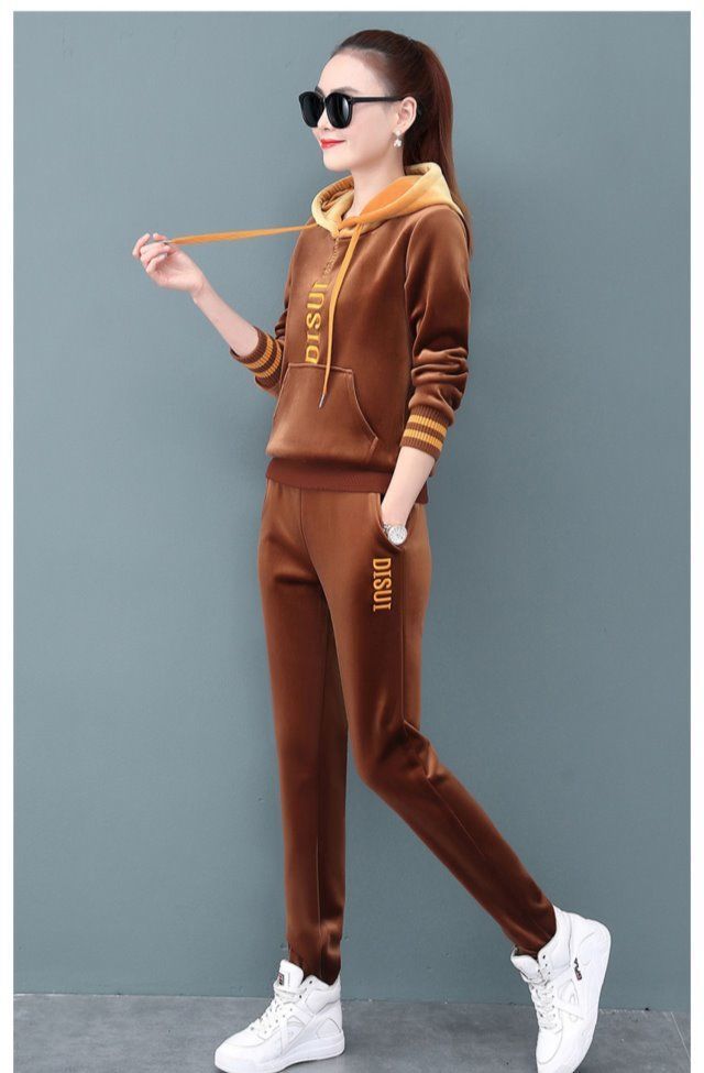 运动套装女2021冬季新款金丝绒冬季加绒加厚时尚套装女休闲运动服双面