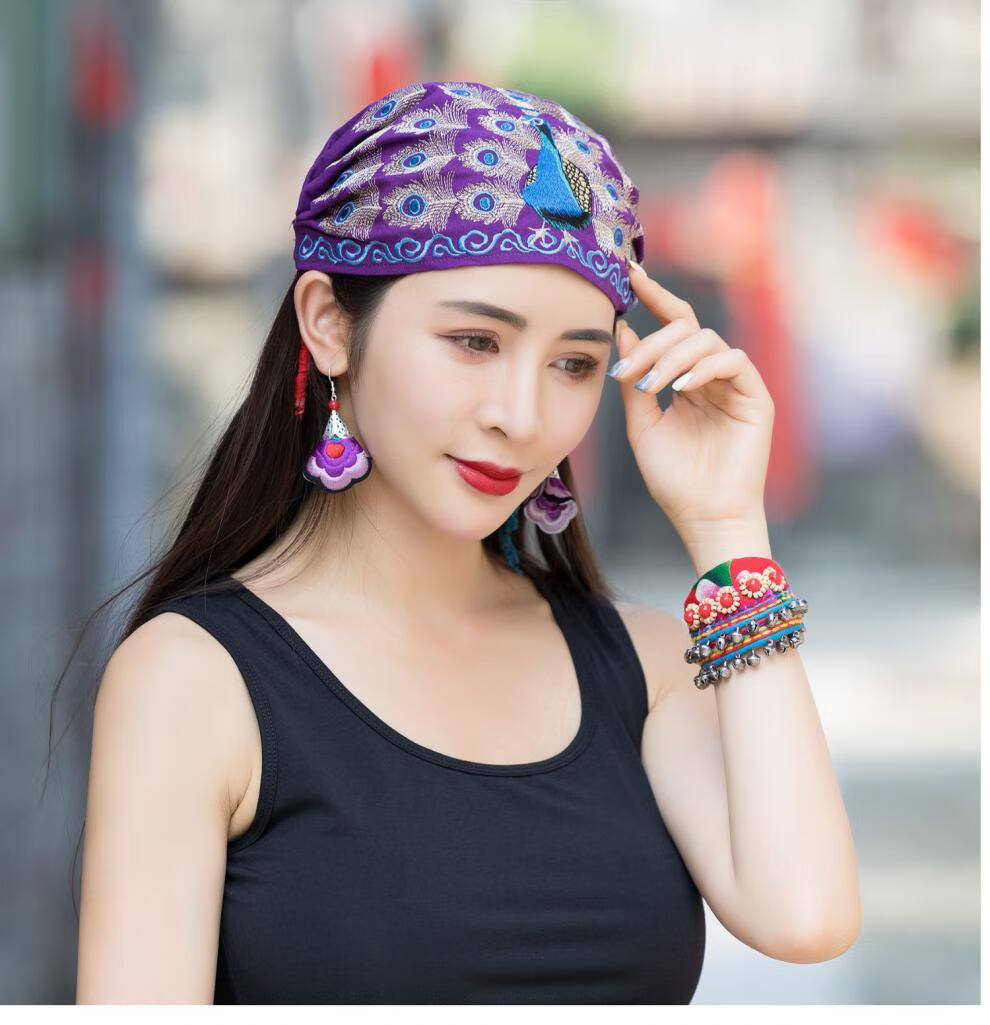 女式民族风刺绣头巾绣花薄款棉麻冒孑女帽孔雀开屏绣花冒孑系带帽包头