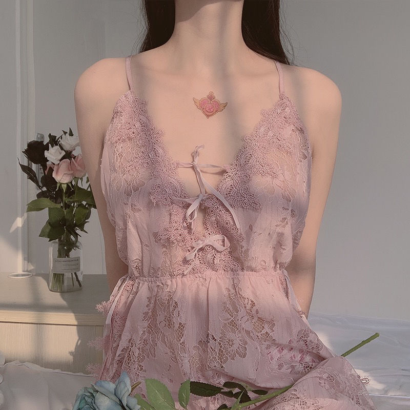 绽珞甜美花仙性感透明镂空大码火辣蕾丝睡裙开叉吊带裙女黑色m建议75