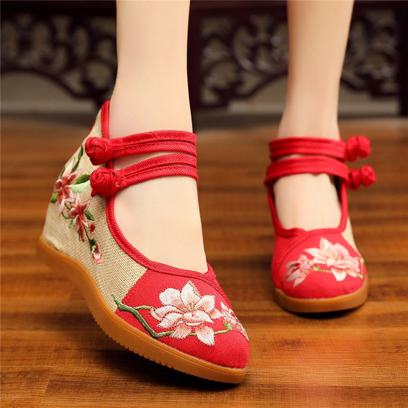 高跟绣花鞋女老北京布鞋复古民族风内增高跳舞鞋广场舞鞋妈妈单鞋木兰
