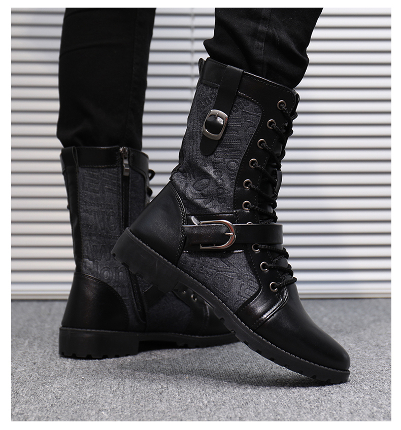 木村南黑色马丁靴男高帮英伦风机车中筒长靴男秋冬季加绒长筒皮靴潮