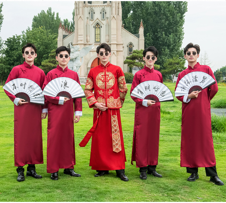 伴郎服套装中式长衫伴郎服中式男中国风兄弟团唐装兄弟装婚礼旗袍秀禾