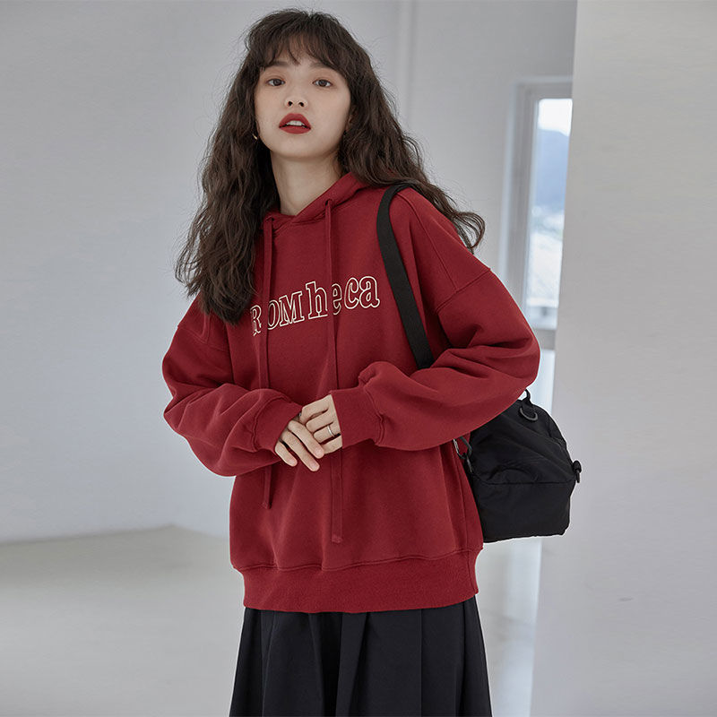 秋冬加绒加厚卫衣女酒红色连帽卫衣女潮秋学生上衣外套加绒加厚港风