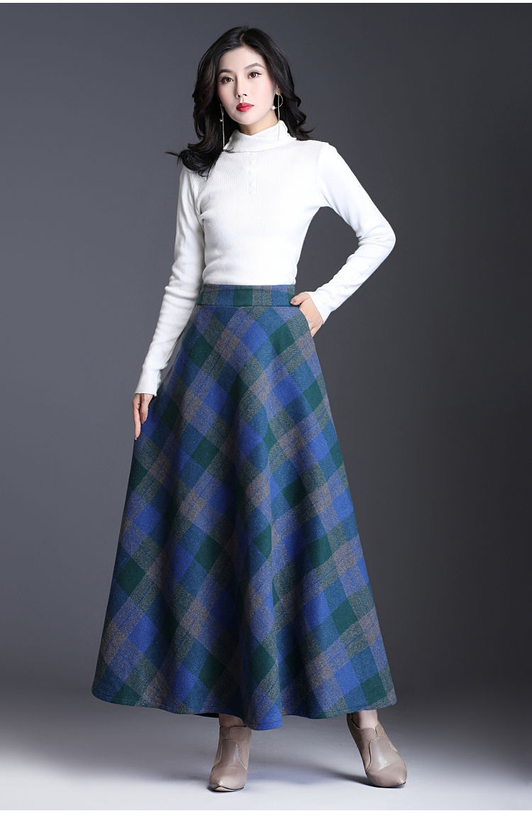 冬季新款半身裙女毛呢格子半身裙女秋冬长裙大摆裙高腰显瘦字裙伞裙长