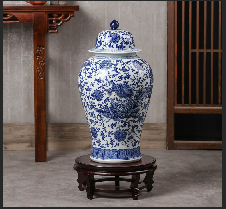 景鑫景德镇陶瓷将军罐手绘仿古青花瓷瓶中式落地客厅大号带盖花瓶摆件