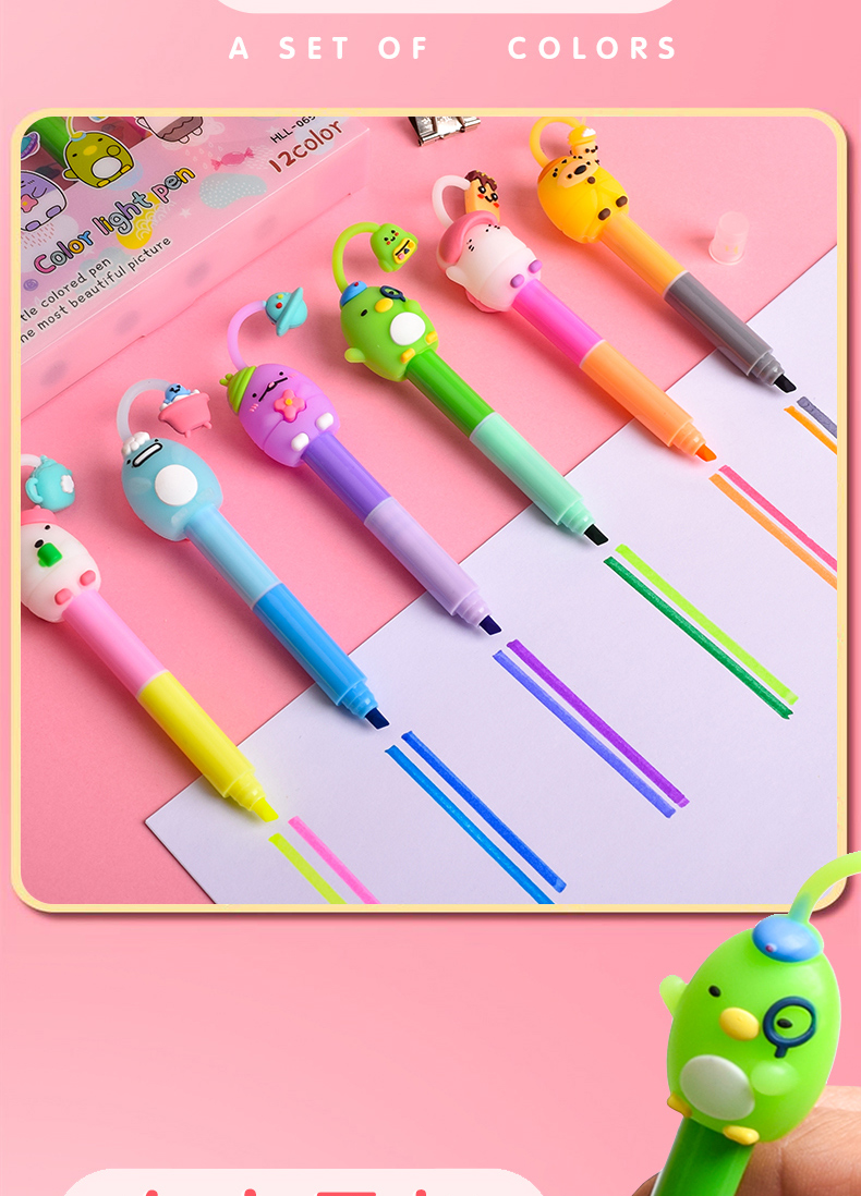 曼凯伦卡通造型荧光笔可爱创意可拼接6色笔一套大容量双头荧光标记笔