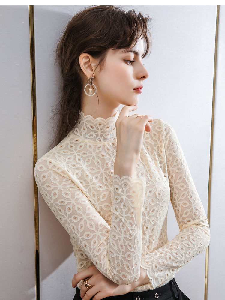 半高领蕾丝打底衫女2021秋冬新款长袖欧洲站洋气小衫花边镂空雷丝上衣