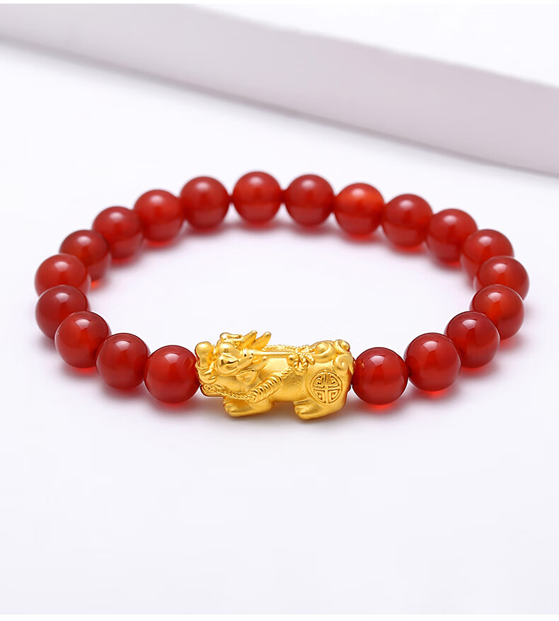 翡德丽轻奢珠宝金貔貅手链男女款金手镯皮丘招财硬金情侣红玛瑙手串送