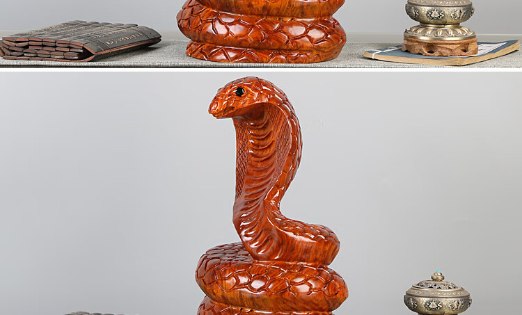 唐砖花梨实木雕刻十二生肖眼镜蛇摆件动物家居办公装饰摆饰红木工艺品