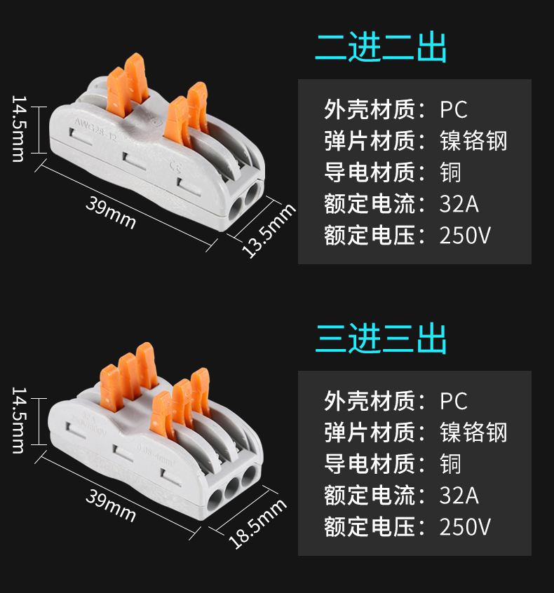 接线端子一进一出软硬线并线神器接头100只 pct-212 100只【图片 价格