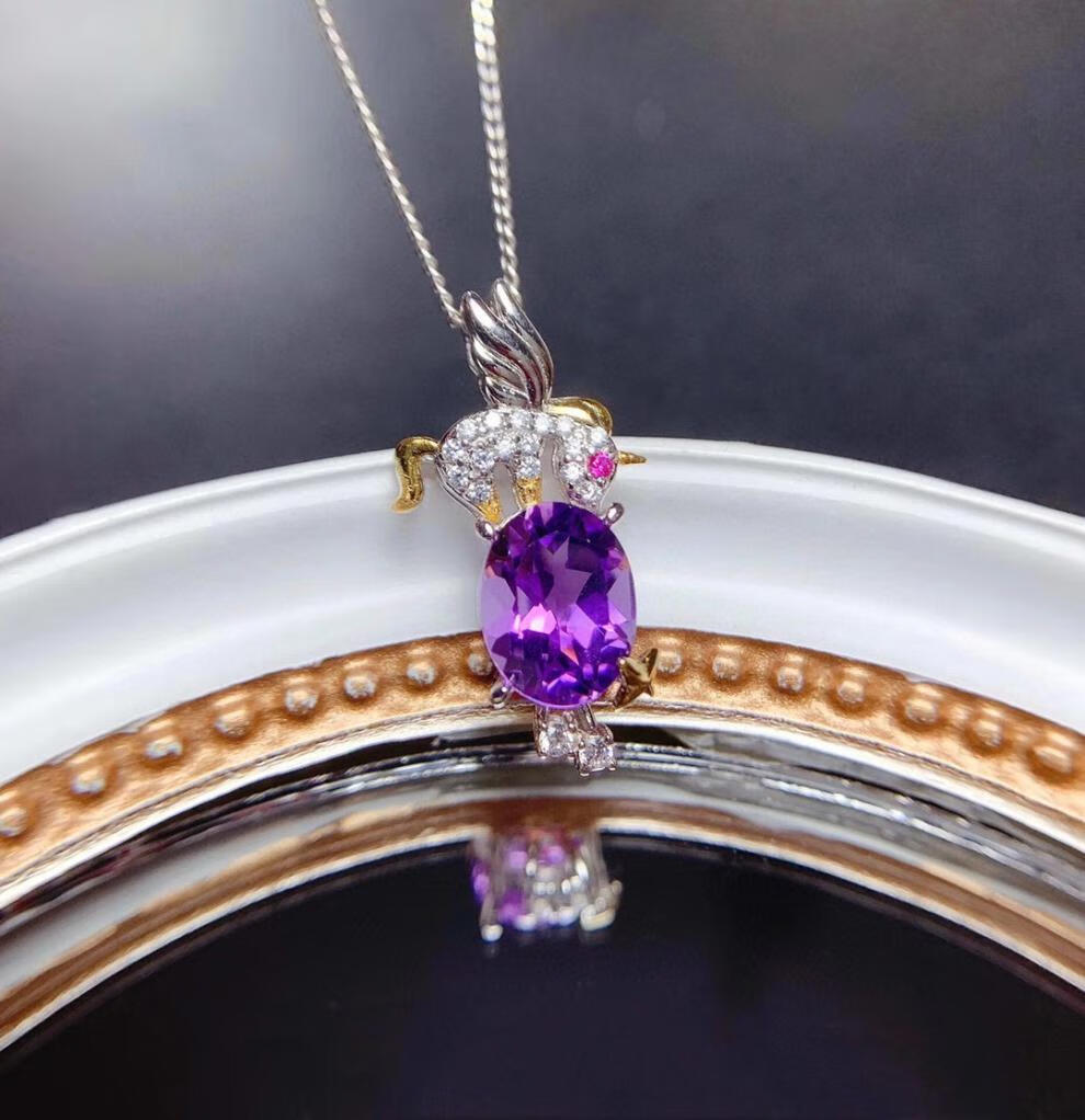 魏天选天然紫水晶黄水晶独角兽吊坠女s925银镀18k金新款时尚首饰女