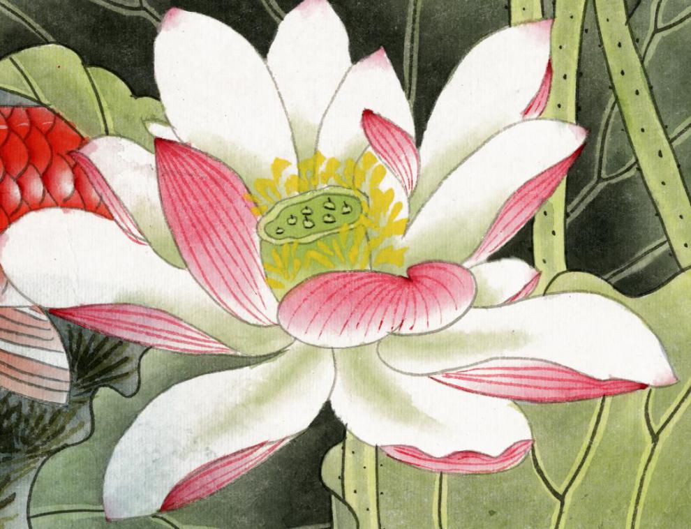 现代中式工笔荷花鲤鱼图九鲤图竖版中堂玄关挂画国画水墨山水画心