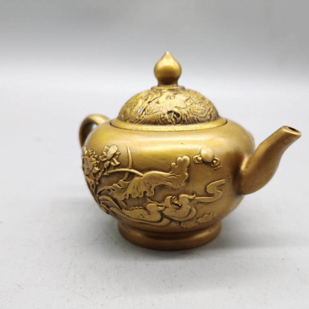 适用于纯铜龙凤壶摆件黄铜茶壶铜水壶仿古做旧铜壶摆件龙壶手提龙凤壶