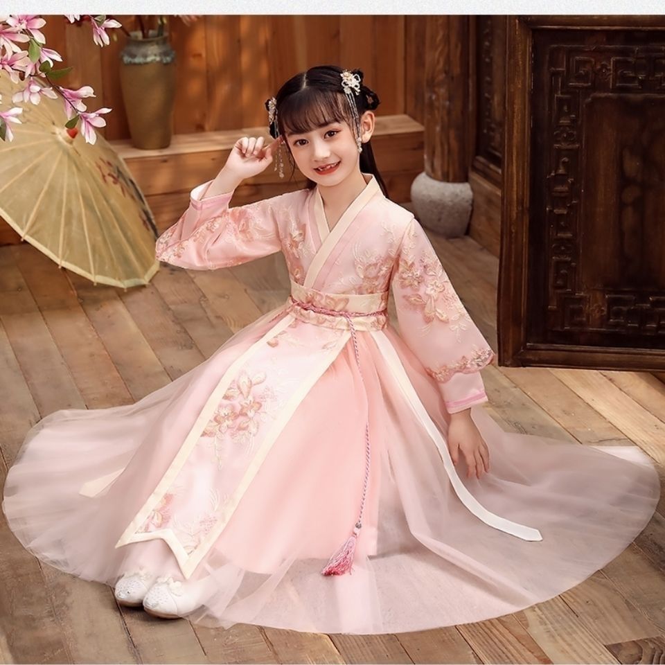 春夏装中国风公主裙古装仙女裙童装樱花旗袍b款新粉色连体裙礼品100