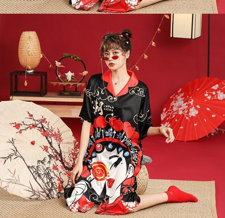 新款国潮风京剧脸谱睡衣女冰丝个性宫廷古风夏季仿真丝绸睡裙女 702