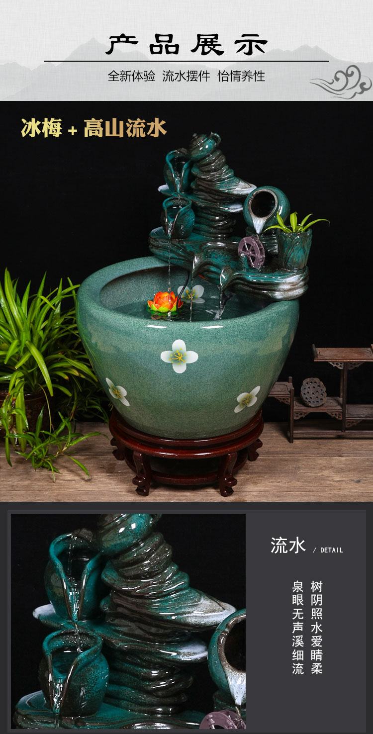 陶瓷鱼缸客厅循环流水鱼缸大号乔迁摆件阳台庭院荷花缸养鱼盆灰色福寿