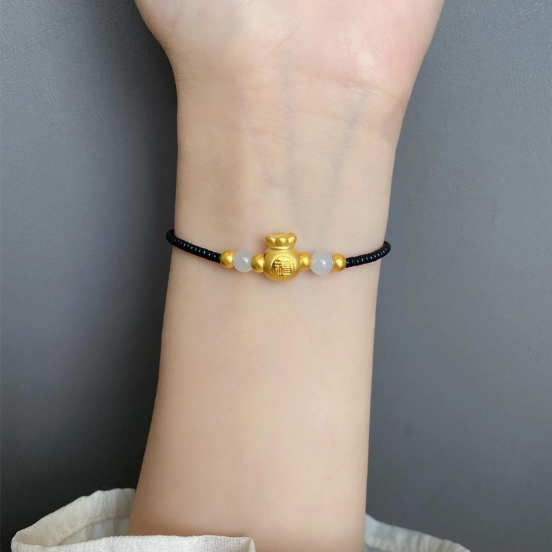 999足金可爱小福袋黄金手链女编织小金珠福气满满手串女友礼物黄金