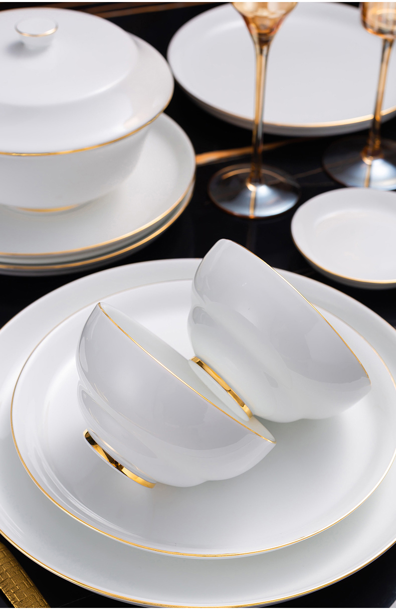 康普诗新品高白瓷餐具套装碗盘家用景德镇描金纯白现代碗碟新品繁华