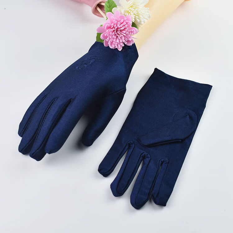 氨纶绣花春夏秋季防晒女士薄短款手套黑白色礼仪舞蹈开车弹力手套5双