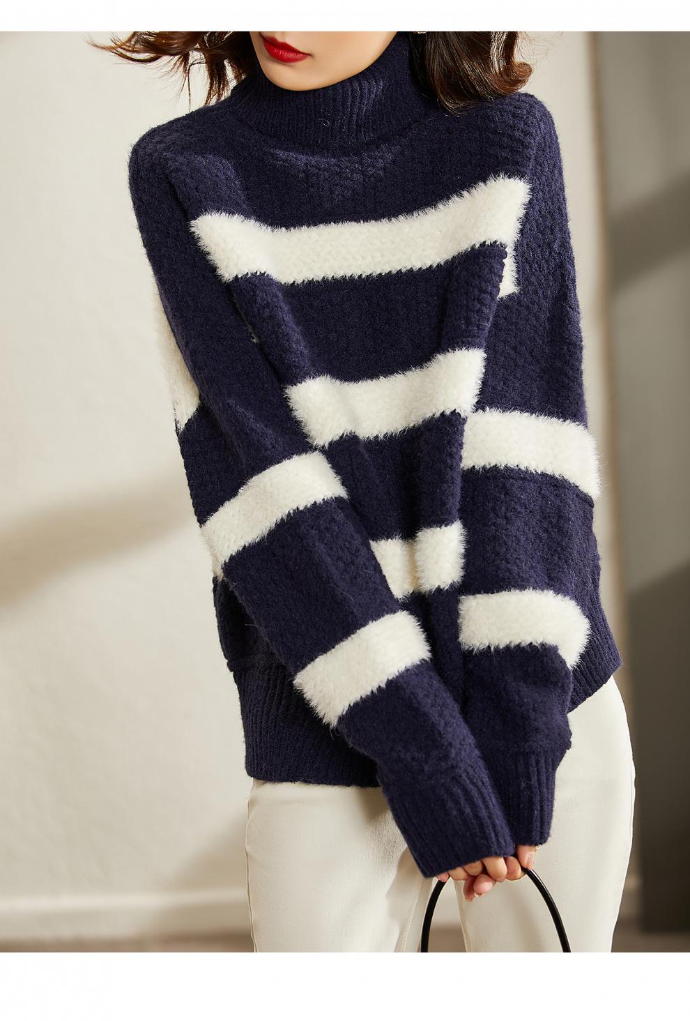 【2021冬新品】梵希蔓条纹高领毛衣女秋冬宽松温柔慵懒