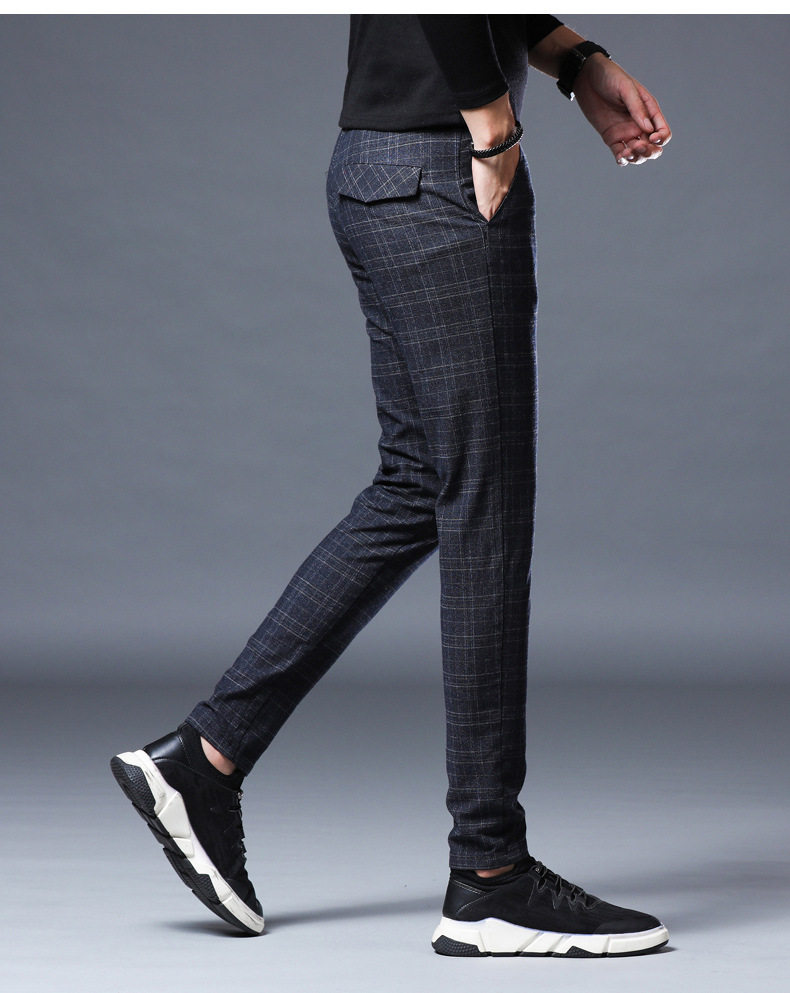 裤子加绒休闲裤男保暖秋冬弹力修身直筒韩版时尚潮流格子男装长裤黑色