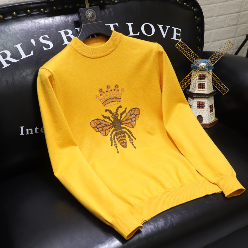 hteec香港潮牌轻奢时尚毛衣男秋冬季新款小蜜蜂烫钻休闲个性潮流修身