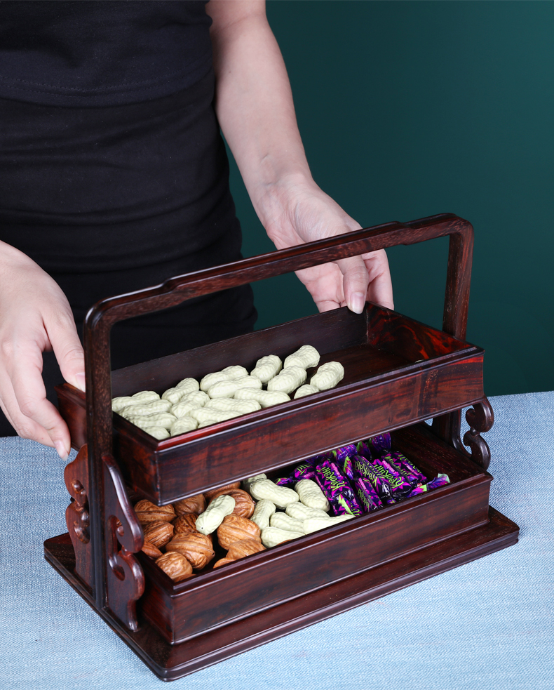 唐砖红木手提篮多层中式古典实木点心食盒结婚糖果盒大红酸枝果篮带盖