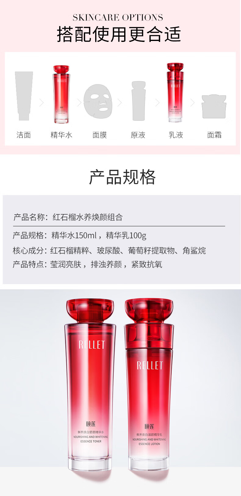 颐莲rellet红石榴鲜养焕白水乳套装玻尿酸紧致均匀肤色