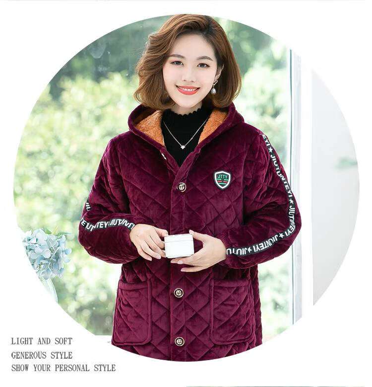 浪莎中老年棉衣女加绒保暖中长款加厚连帽罩衣洋气秋冬季妈妈老人奶奶