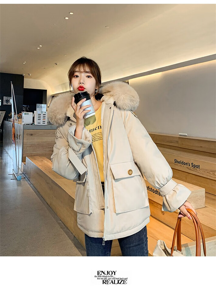105981-拉夏贝尔棉服女21年新款女装百搭工装派克服女气质时尚冬装 米白色 L-详情图