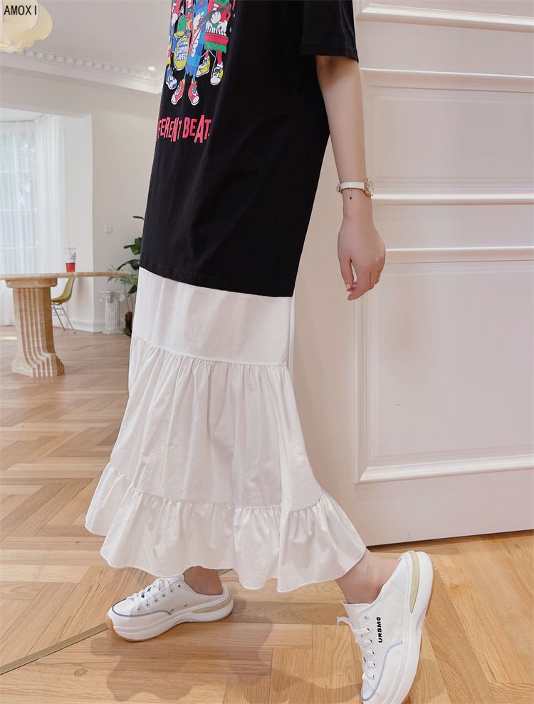 阿么茜春夏新款拼接懒人短袖t恤裙女宽松中长款短袖连衣裙蛋糕裙女