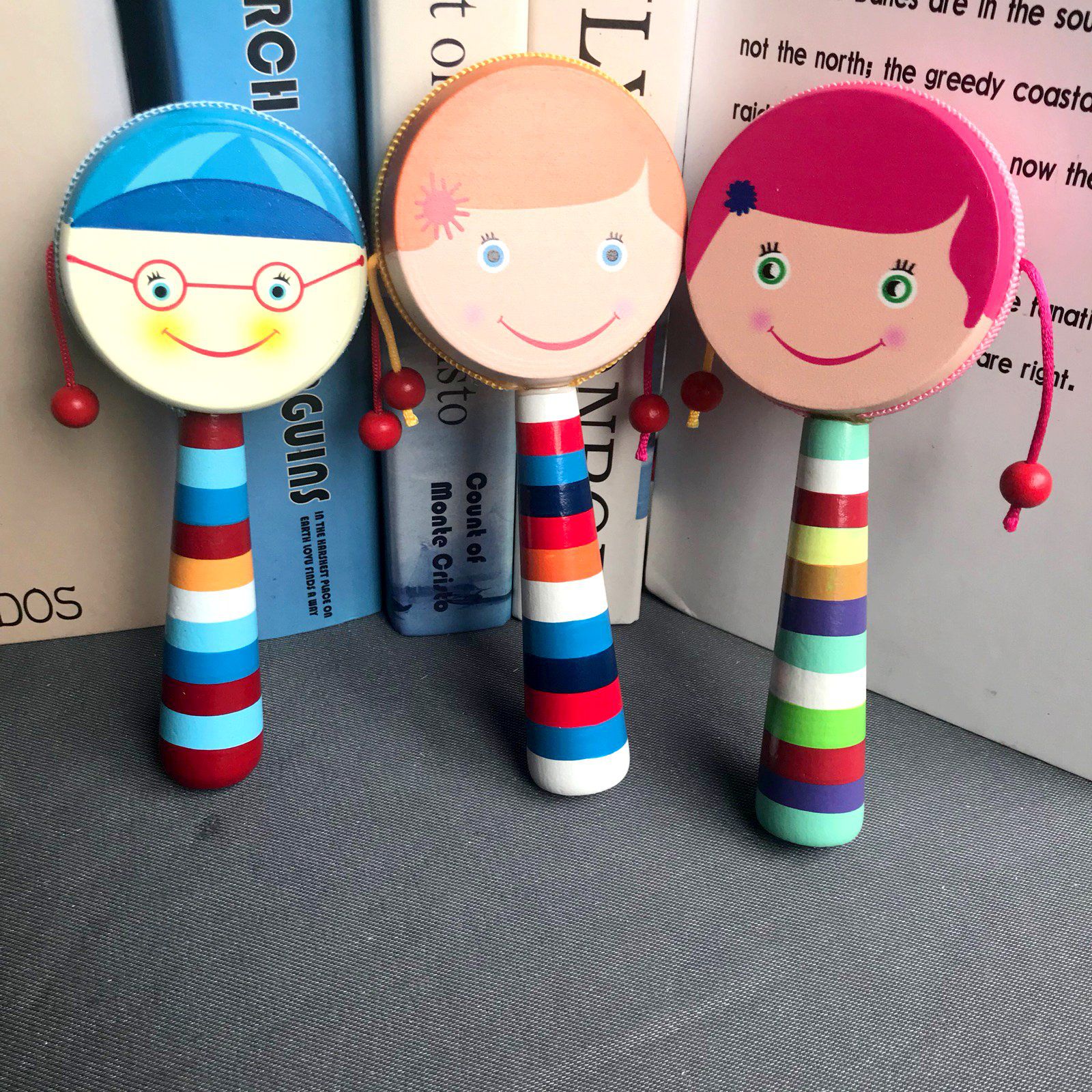 玩具卡通制玩具拨浪鼓木质手摇鼓摇铃01岁儿童宝宝蓝色男孩拨浪鼓个