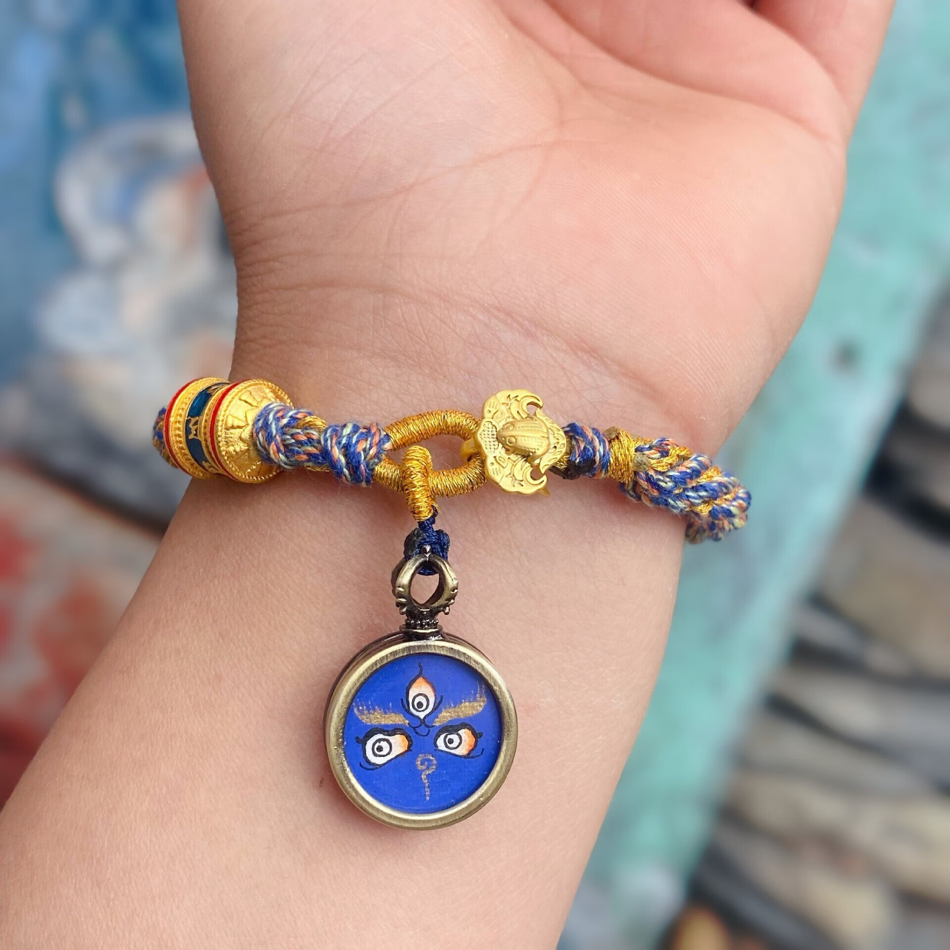 岚诗妮薇西藏五路财神佛眼护身符手绘随身小唐卡手链民族风编织绳定制