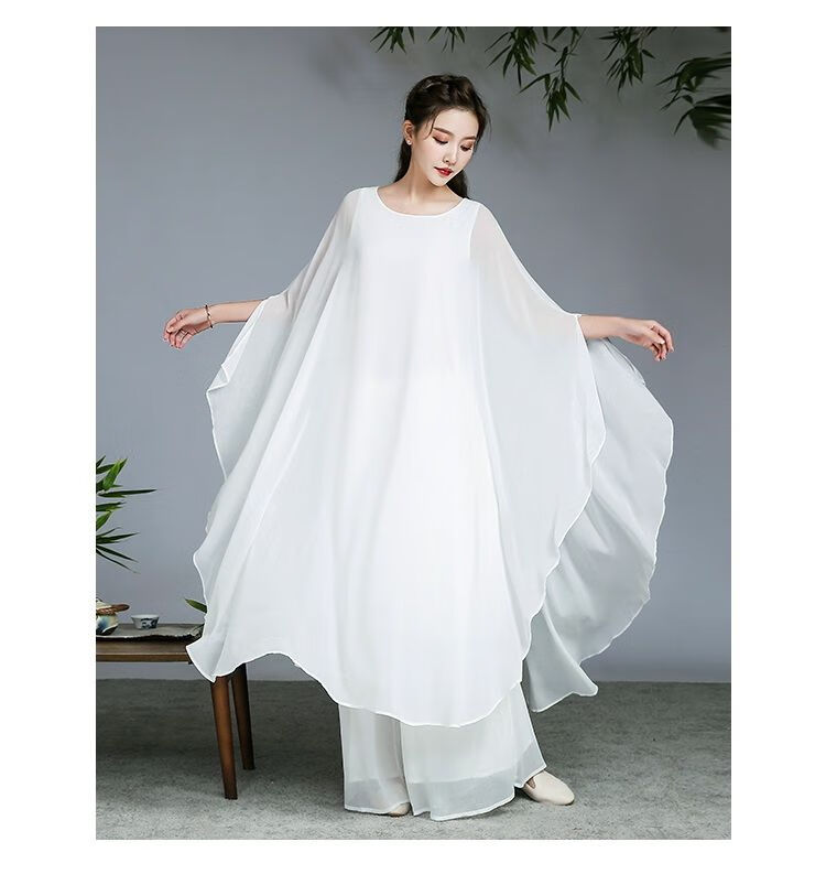 精选禅舞服装女三层套装茶中国风仙女范白色禅意飘逸中式女装连衣裙套