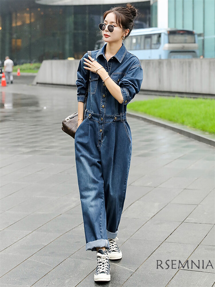 工装牛仔连体裤女2022春秋新款宽松休闲洋气减龄感连衣裤套装牛仔蓝m
