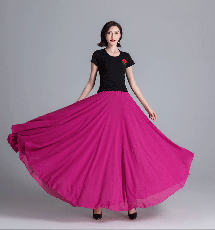 雪纺半身裙女夏新疆舞紫色长裙广场舞跳舞裙子天蓝色双层xs裙子80厘米