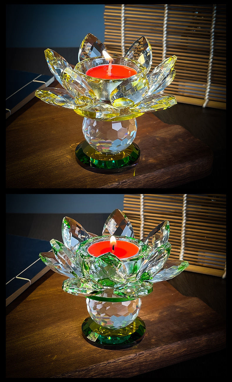 水晶莲花蜡烛台摆件佛贡灯佛教用品家用供灯长明灯酥油灯玻璃灯座粉色