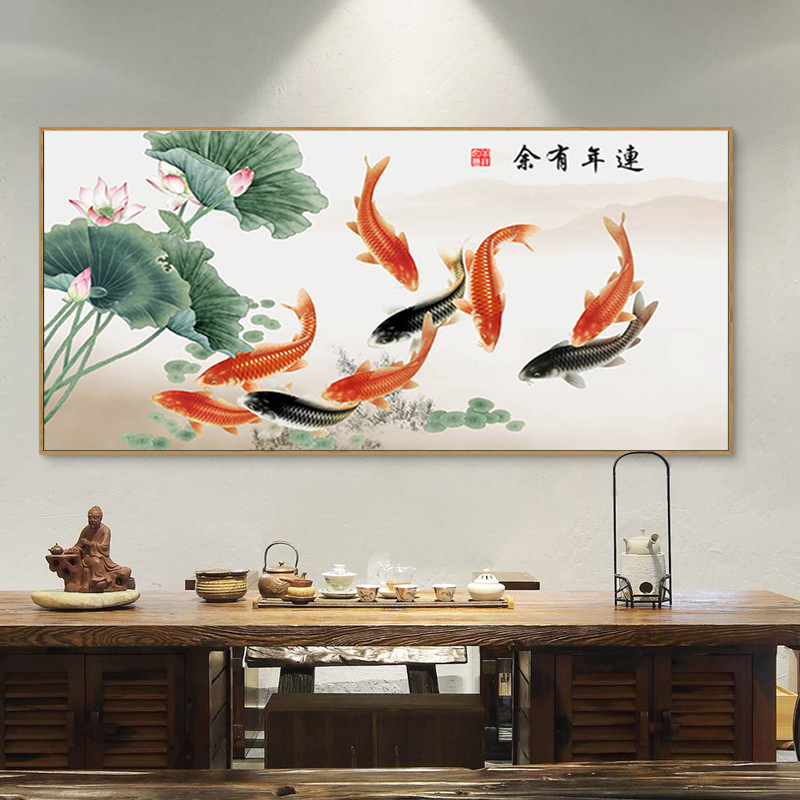 九鱼图聚财十字绣客厅新款线绣荷花鲤鱼满绣家用5d印花自己绣满绣棉线