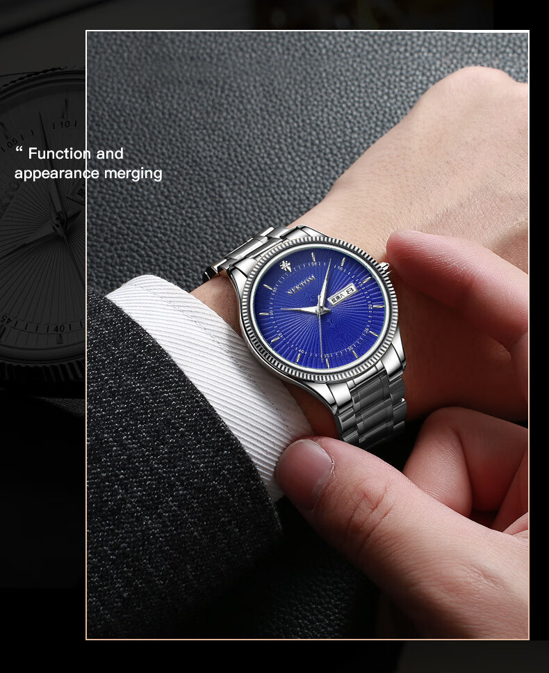 耐顿nektom双日历三针实心钢带男士手表30米防水夜光全金男表 全金色