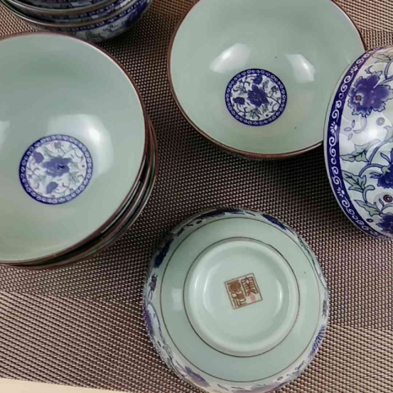 真武瓷器 青瓷碗 牡丹青花瓷 广西南山瓷厂 7英寸面碗 (5只装)【图片