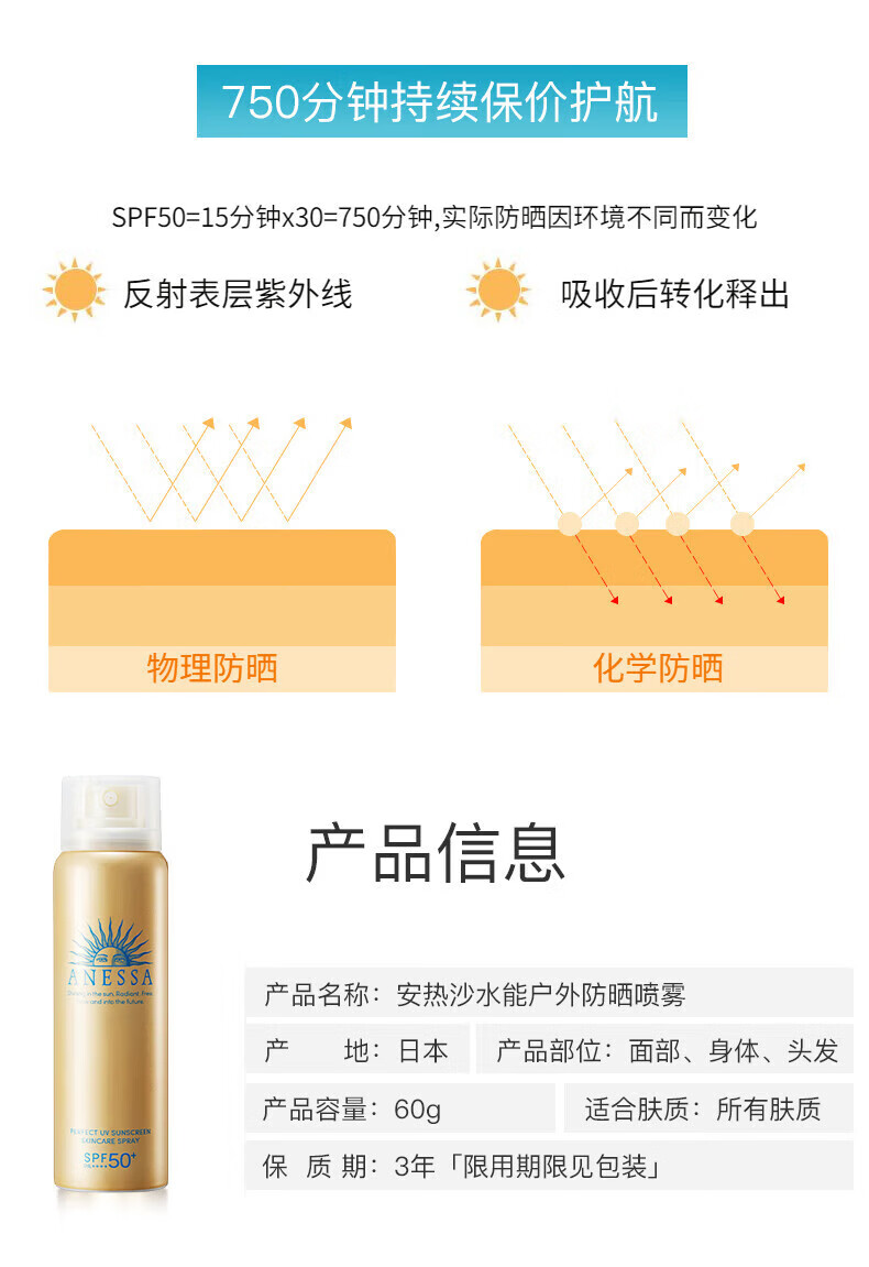 安热沙（Anessa）小金瓶防晒霜乳SPF50+男女士学生军训可用儿童防水防汗耐摩擦 小金瓶霜60ml-1瓶