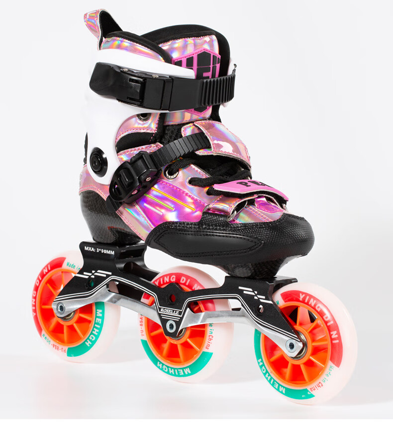 美高新款儿童碳纤维竞速大三轮速滑轮滑鞋3*90mm速度旱冰鞋溜 蓝色