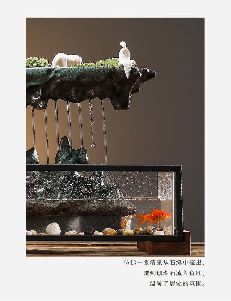 长方形鱼缸小型造景客厅装饰家用循环流水假山办公室前台桌面摆件空山