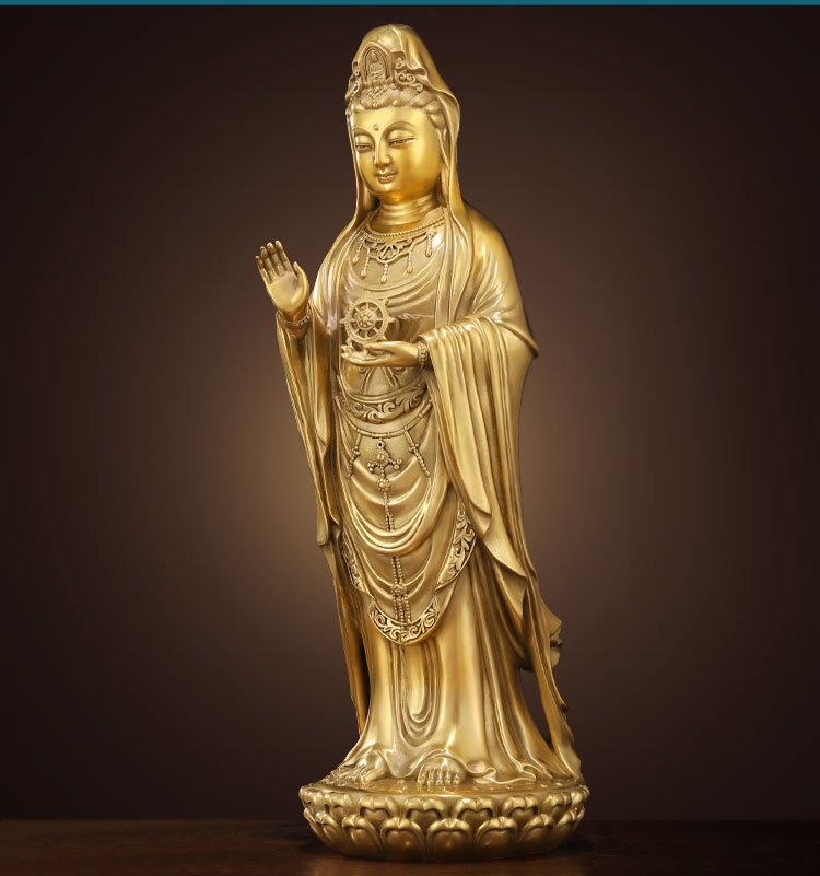 纯铜普陀山南海观音像莲花站像家用室内大号铜观世音菩萨佛像神像特大