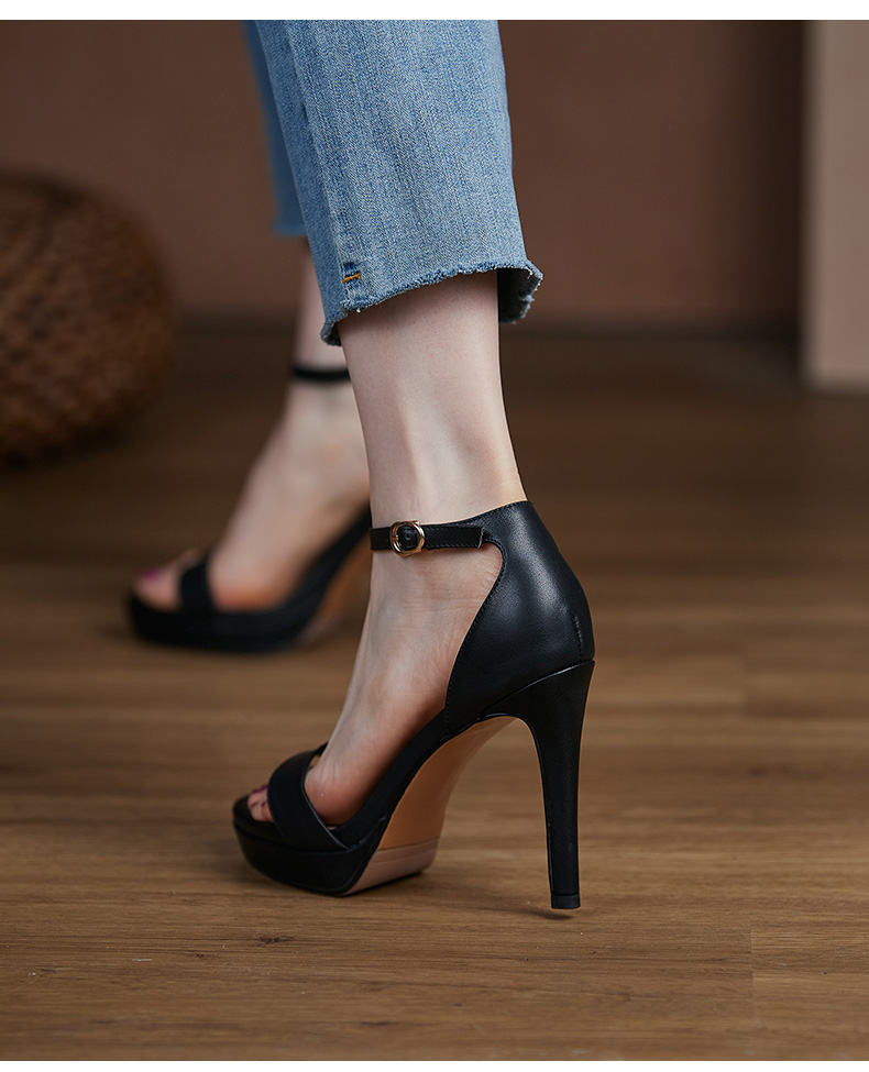恨天高高跟鞋11cm台高跟一字带女性感恨天高走秀鞋黑色潮鞋气质鞋黑色