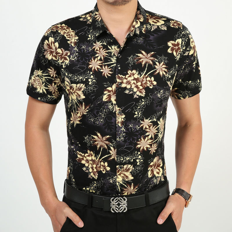 夏季男士短袖花衬衫 印花大码时尚休闲冰丝潮男免烫龙纹衬衣半袖y 桔