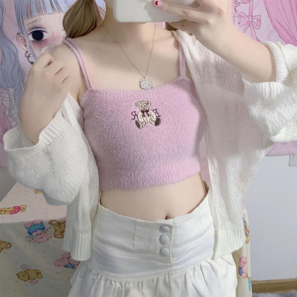 吊带女小熊刺绣2022年夏季新款日系甜美软妹修身内搭小吊带毛绒绑带外